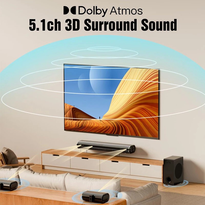 Hiwill A51 Dolby Atmos 5.1-kanavainen 380W äänipalkki bassokaiutin ja takakaiuttimet eARC Bluetooth