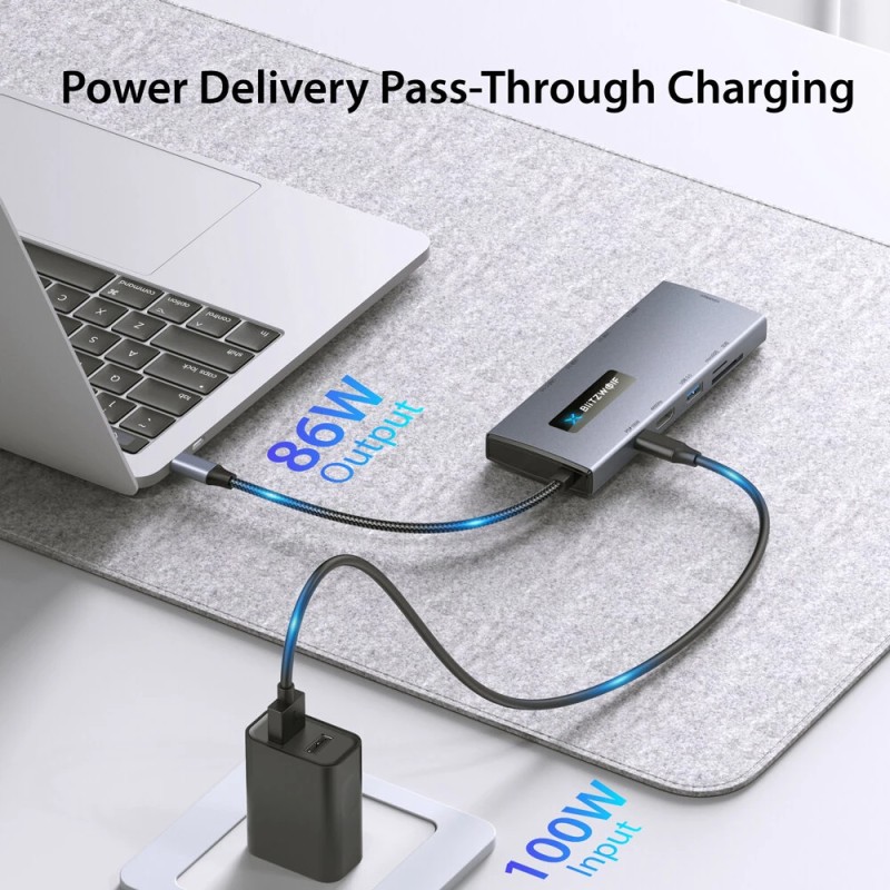 BlitzWolf BW-NEW TH8 10-toimintoinen USB-C-keskitin 100W PD-lataus 4K60 SD/TF RJ45