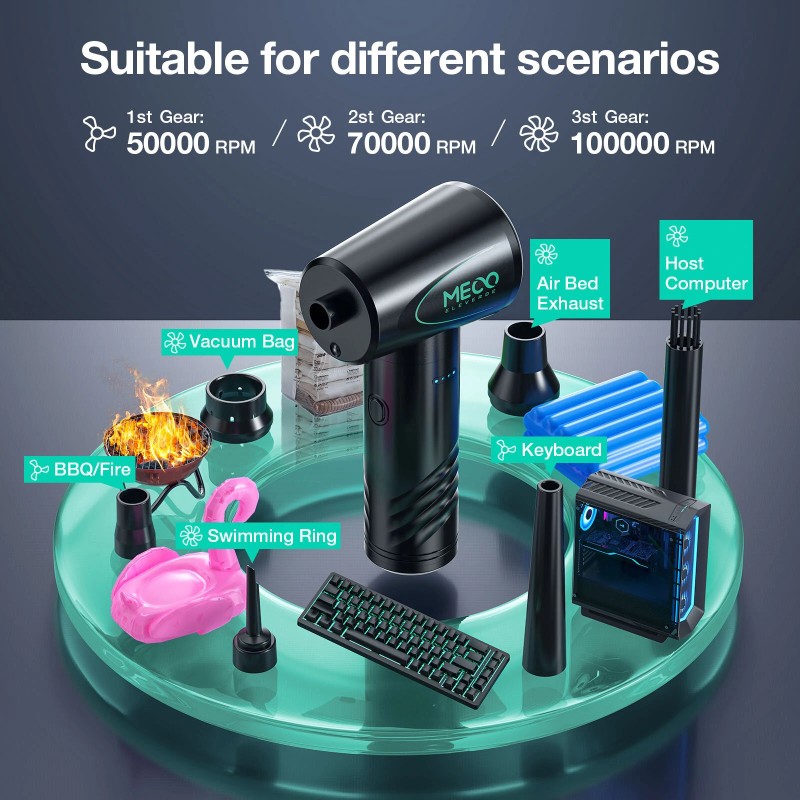 MECO ELEVERDE sähköinen ilmapuhallin langaton uudelleenkäytettävä kolmivaihteinen LED-valolla