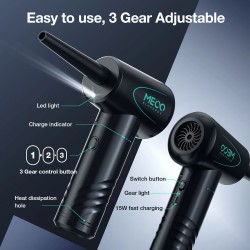 MECO ELEVERDE sähköinen ilmapuhallin langaton uudelleenkäytettävä kolmivaihteinen LED-valolla