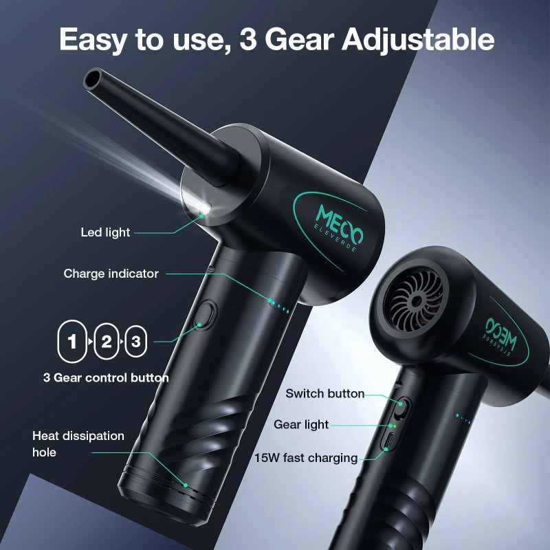 MECO ELEVERDE sähköinen ilmapuhallin langaton uudelleenkäytettävä kolmivaihteinen LED-valolla