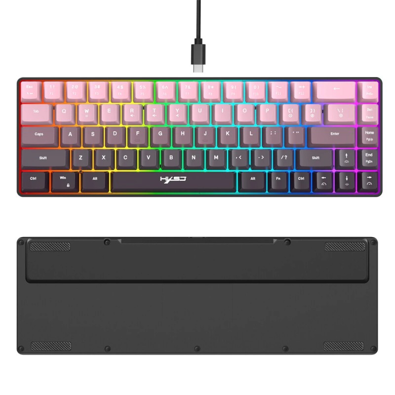 HXSJ 68-näppäiminen langallinen pelinäppäimistö liukuvärjätty pinkki-musta monivärisellä taustavalolla