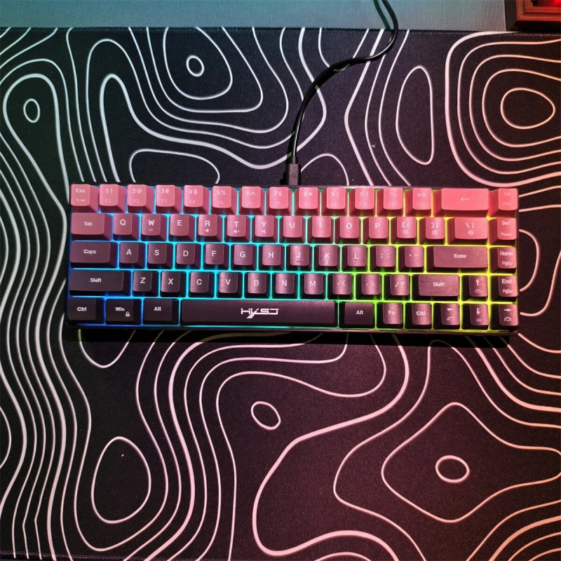 HXSJ 68-näppäiminen langallinen pelinäppäimistö liukuvärjätty pinkki-musta monivärisellä taustavalolla