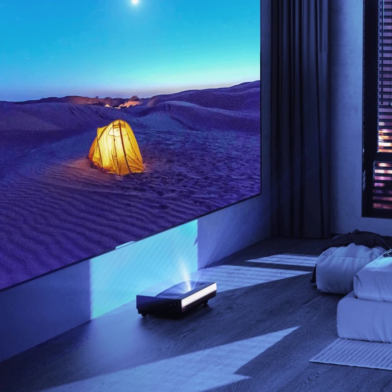 CASIRIS A6 4K ultralyhytheittoprojektori 100" musta ruudukko ALR-valkokangas 2200 ANSI-lumenia Android TV