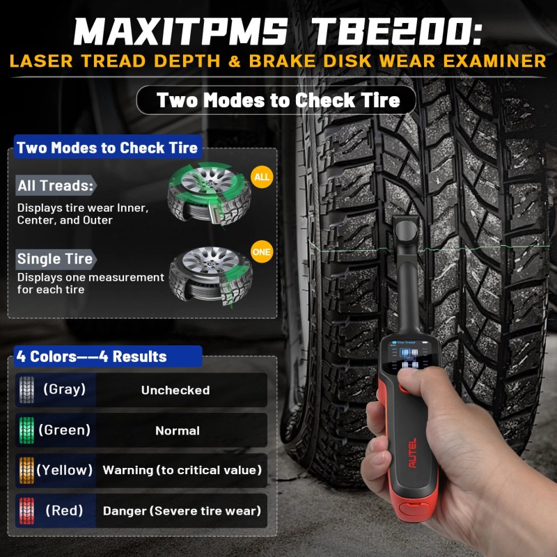 Autel MaxiTPMS TBE200E lasermittari renkaan urasyvyyden ja jarrulevyjen kuluman mittaukseen