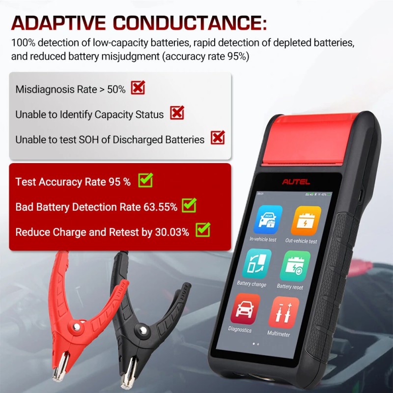 Autel MaxiBAS BT608E akkutesteri diagnostiikkatyökalu akkujen rekisteröinti 12V 24V 100–3000 CCA