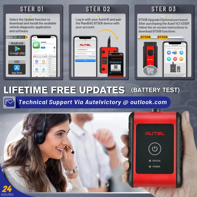 Autel MaxiBAS BT506 akkutesteri bluetooth- ja USB-yhteydellä 6–12V 100–2000CCA älypuhelinyhteensopiva