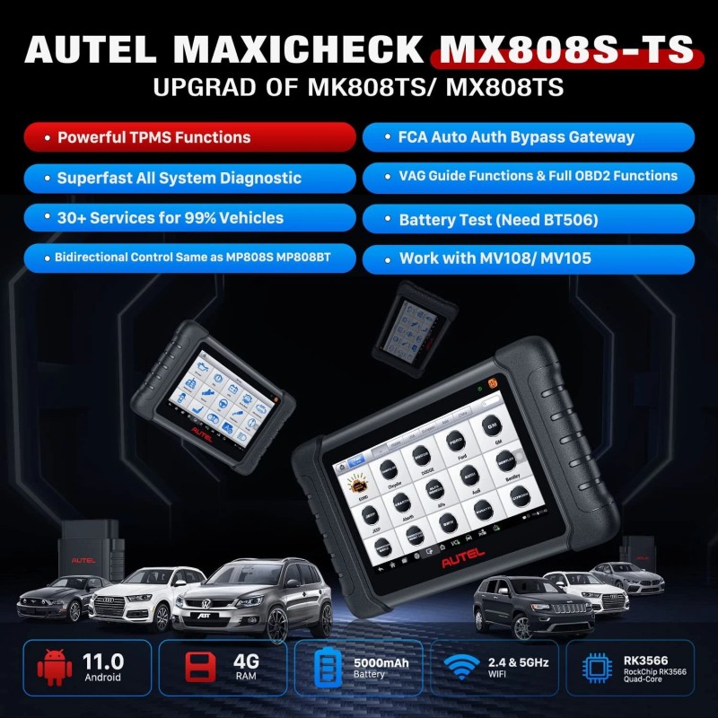 Autel MaxiCheck MX808S-TS Android 11 täydellinen TPMS uudelleenoppimistyökalu ja kaksisuuntainen skanneri AutoAuth