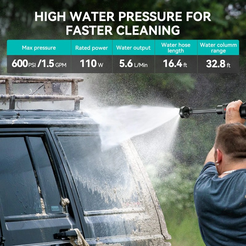 Kuusitoiminen säädettävä suutin 21V kannettava akkukäyttöinen korkeapainepesuri musta 5 m vesiletkulla