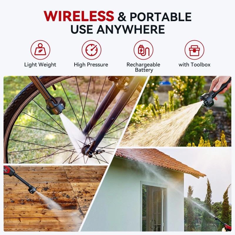 Kannettava akkukäyttöinen korkeapainepesuri pitkäkestoinen akku 4,0 Ah nopea lataus kuusi suutinta