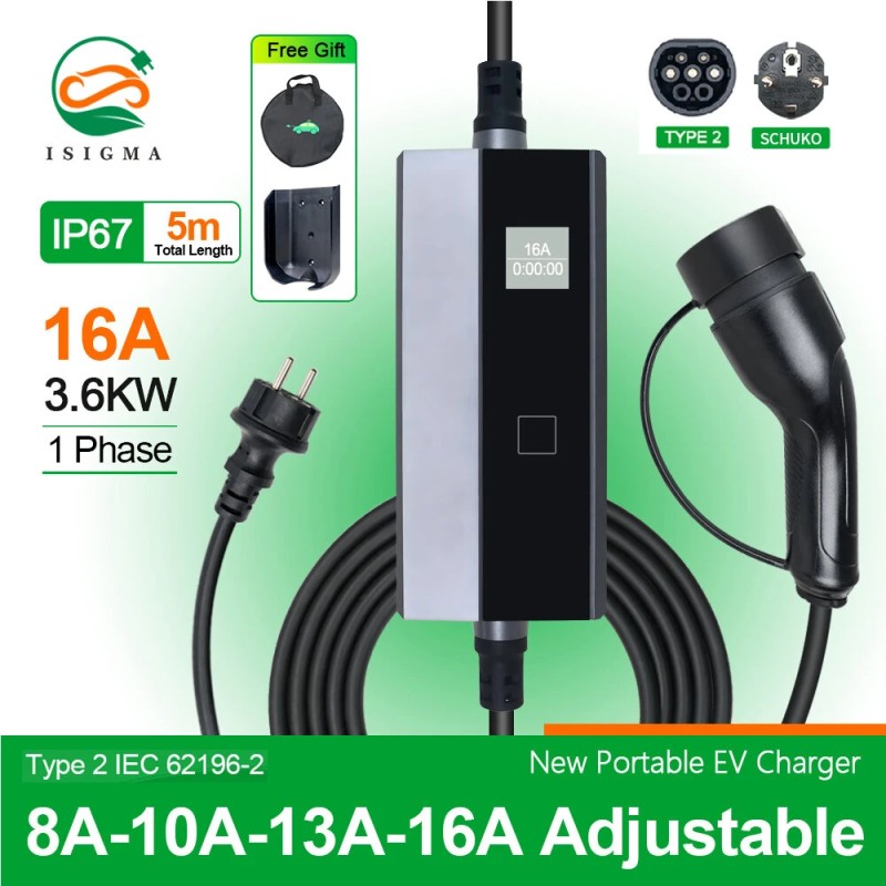 ISIGMA 3,6 kW 16 A tyyppi 2 sähköauton kannettava laturi 5 m kaapeli