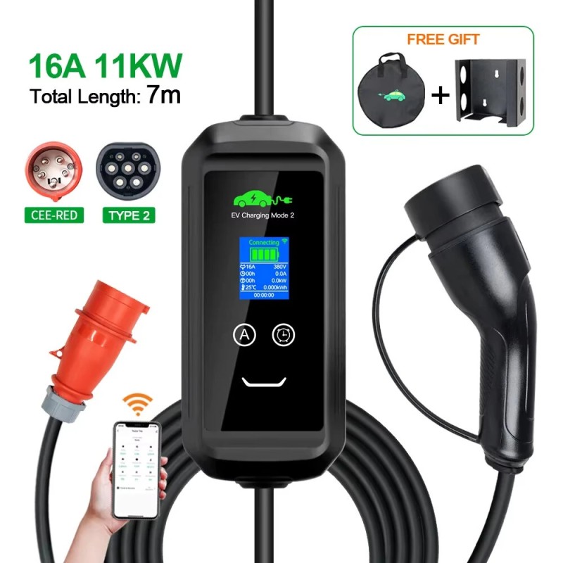 ISIGMA 11 kW 16 A kannettava sähköauton laturi tyyppi 2 langaton Tuya-sovellus 7 m kaapeli