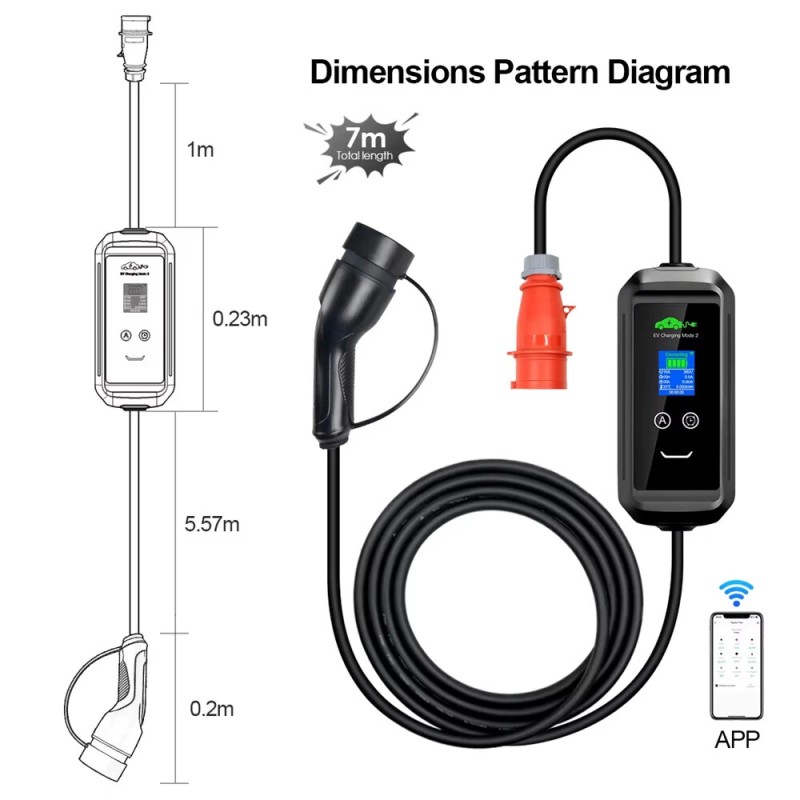 ISIGMA 11 kW 16 A kannettava sähköauton laturi tyyppi 2 langaton Tuya-sovellus 7 m kaapeli