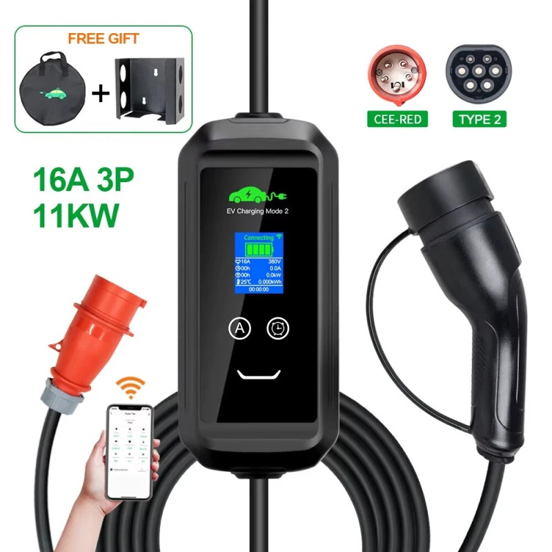 ISIGMA 11kW 16A tyyppi 2 kannettava sähköauton laturi mobiilisovelluksella 5m kaapeli