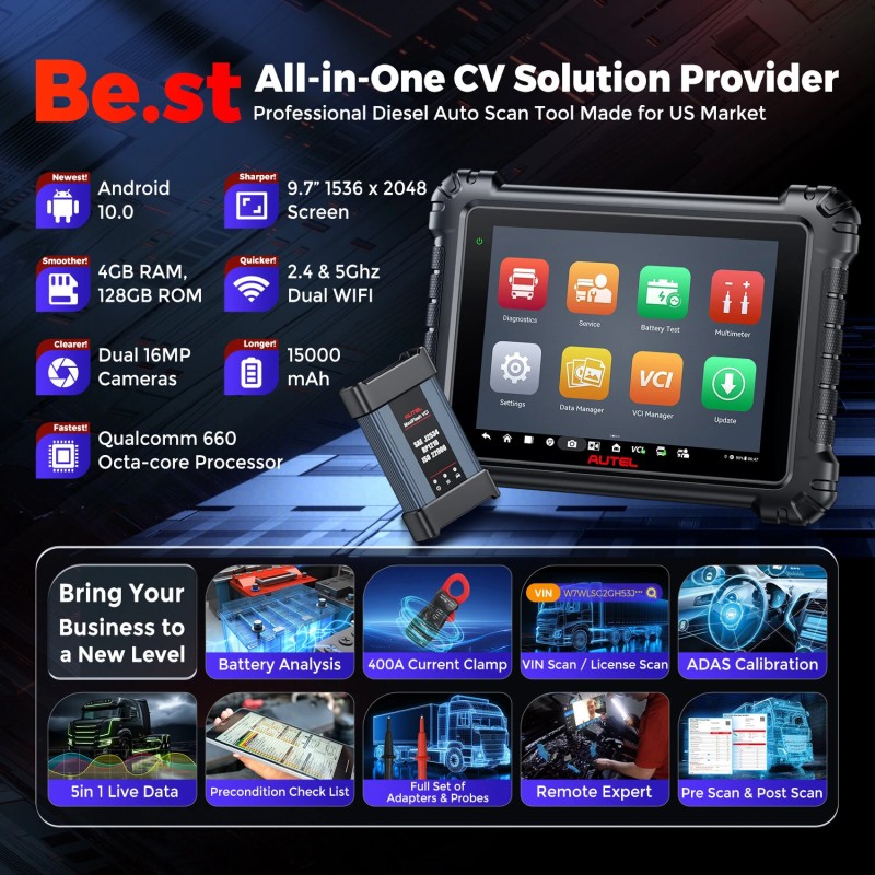 Autel MaxiSys MS909CV 9,7-tuumainen ajoneuvodiagnostiikkatyökalu Android 10 3000 aktiivista testiä raskaille ajoneuvoille