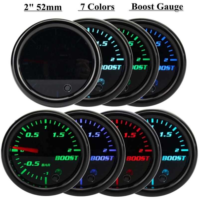 Turboahtimen ahtopainemittari 52 mm 12v 1 2 bar 7 värinen led valaistus musta linssi