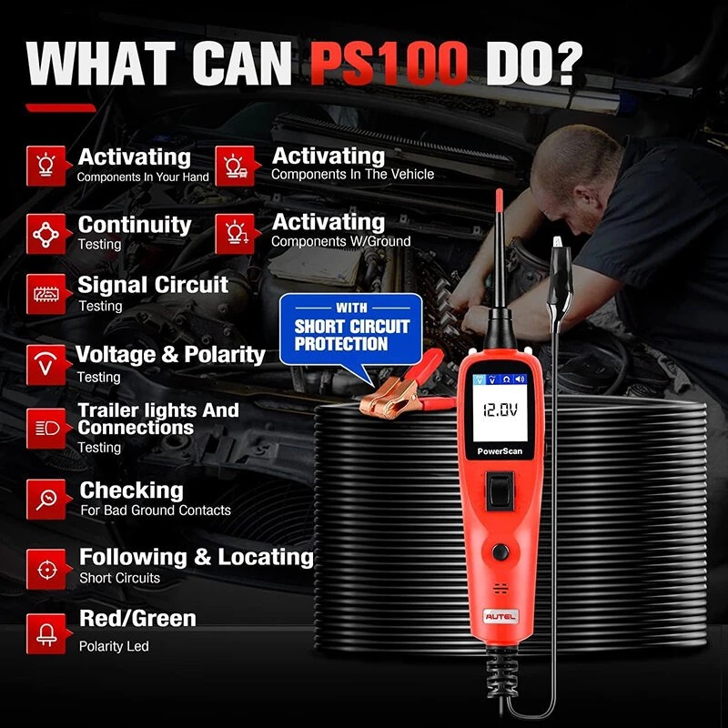 Autel PS100 monitoiminen ajoneuvopiiritesteri 6–30 V LCD-näytöllä ja 6 m jatkojohdolla