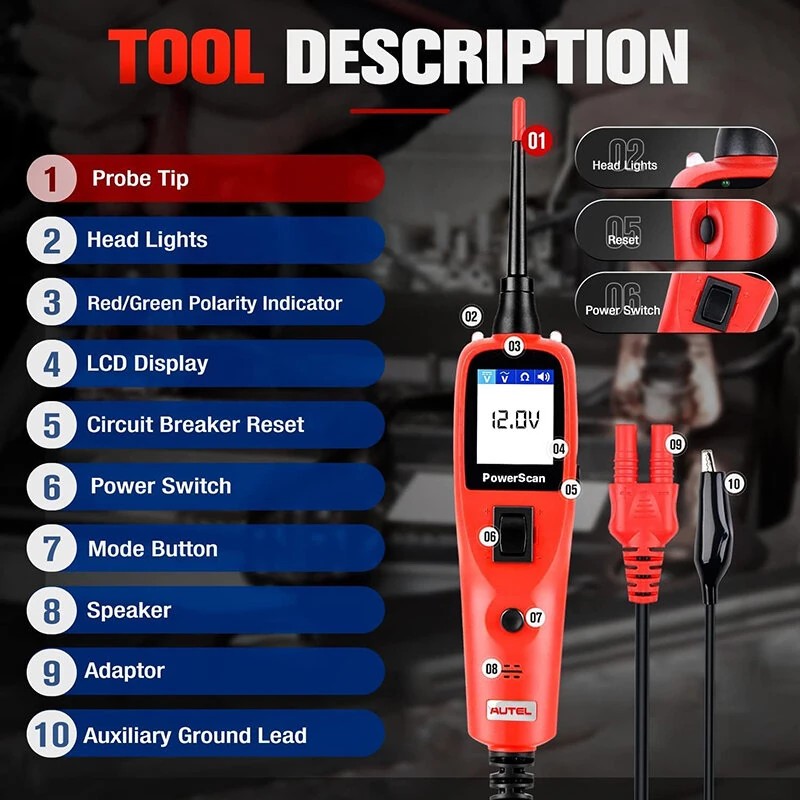 Autel PS100 monitoiminen ajoneuvopiiritesteri 6–30 V LCD-näytöllä ja 6 m jatkojohdolla