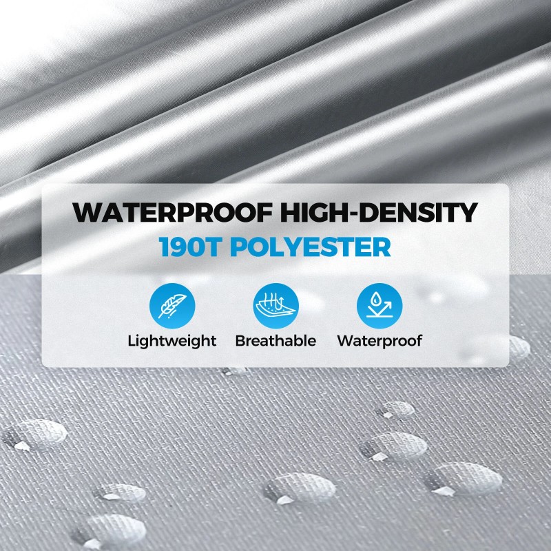 Autonsuoja 190T polyesteritaft, hopeanvärinen, sivuvetoketjulla, tuulenpitävä, 6 heijastinnauhaa