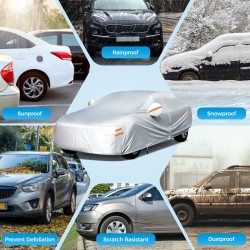 Autonsuoja 190T polyesteritaft, hopeanvärinen, sivuvetoketjulla, tuulenpitävä, 6 heijastinnauhaa