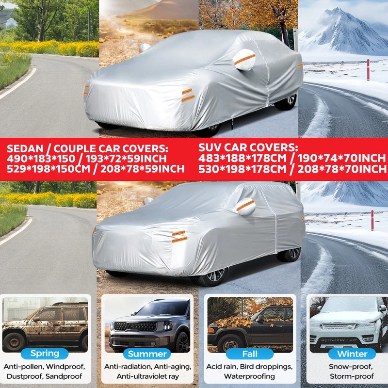 Autonsuoja 190T polyesteritaft, hopeanvärinen, sivuvetoketjulla, tuulenpitävä, 6 heijastinnauhaa