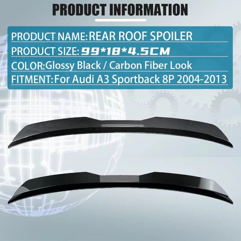 Takakaton spoileri Audi A3 8P Sportback 2004-2013 kiiltävän musta ABS teippi mukana