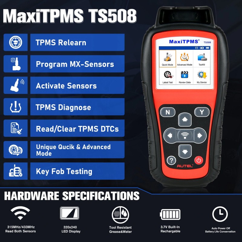 Autel MaxiTPMS TS508WF TPMS-työkalu anturien ohjelmointi uudelleenopetus aktivointi nollaus vikakoodien luku