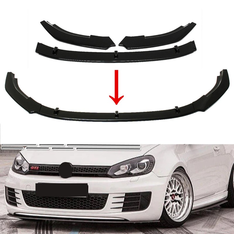 Etupuskurin huulispoileri 3 osainen kiiltävän musta VW Golf MK6 GTI 2010 2013
