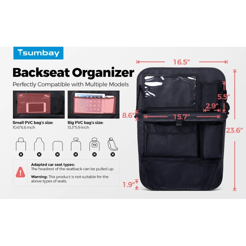 Tsumbay kaksi taitettavaa auton selkänojan säilytyslaukkua taskuilla ja tarjottimella