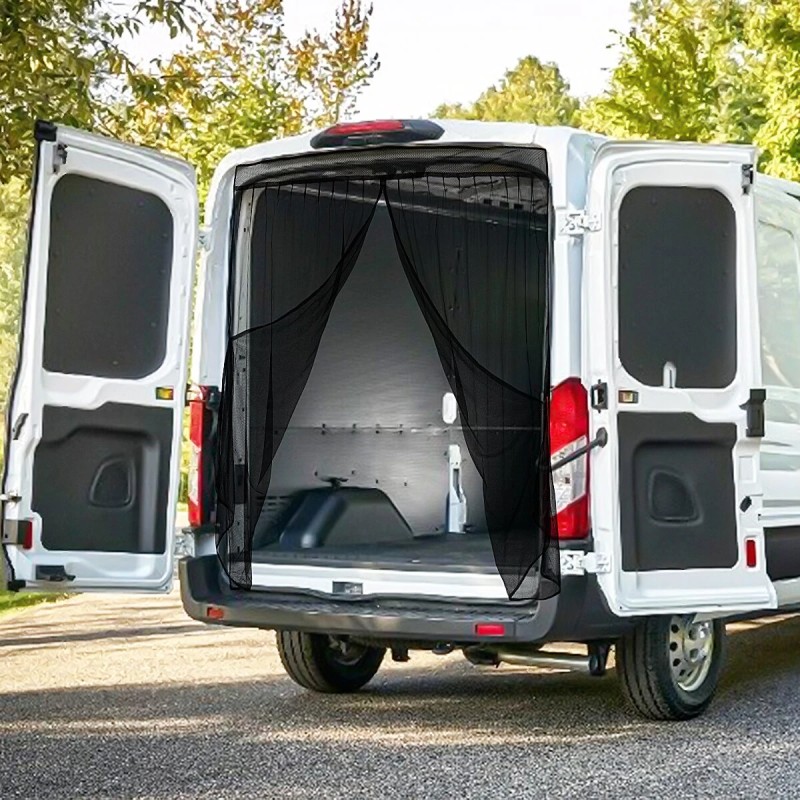 Magneettikiinnitteinen hyönteisverho takaoveen pakettiautoihin ja matkailuautoihin aurinkosuojalla