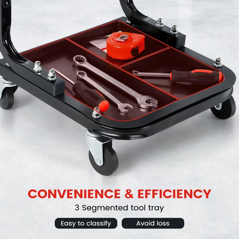 Vahvarakenteinen auton huoltojakkara mekaanikolle työkalulokerolla 120 kg kantavuus