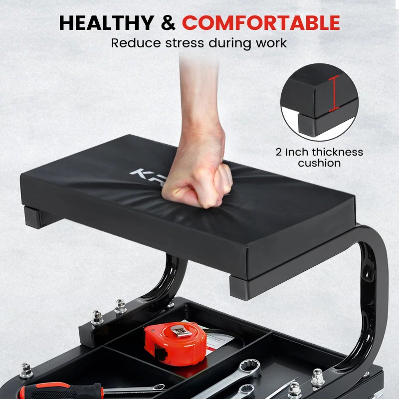 Vahvarakenteinen auton huoltojakkara mekaanikolle työkalulokerolla 120 kg kantavuus