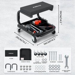 Vahvarakenteinen auton huoltojakkara mekaanikolle työkalulokerolla 120 kg kantavuus