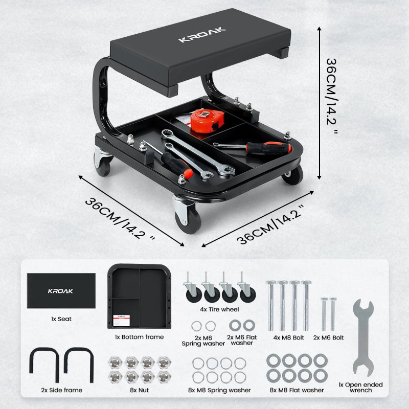 Vahvarakenteinen auton huoltojakkara mekaanikolle työkalulokerolla 120 kg kantavuus