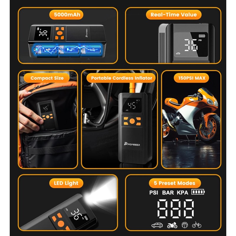 POPDEER PD-AP1 langaton kannettava rengaspumppu autolle 5000mAh 150PSI älykäs digitaalinen