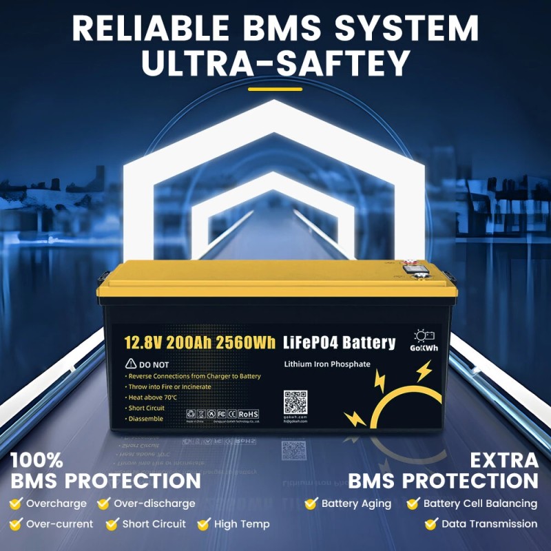 Gokwh 12V 200Ah LiFePO4 2560Wh LCD-näytöllä energiavarastolaatikko matkailuautoon veneeseen kotiin