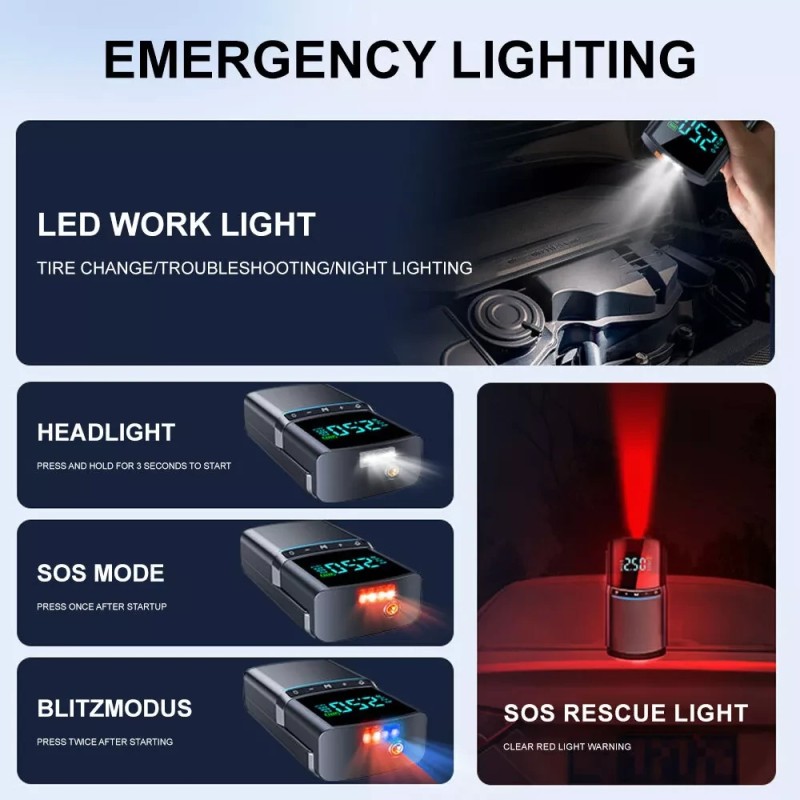 Kaksitoiminen auton apukäynnistin ja ilmakompressori monitoiminen renkaan täyttölaite tehopankki