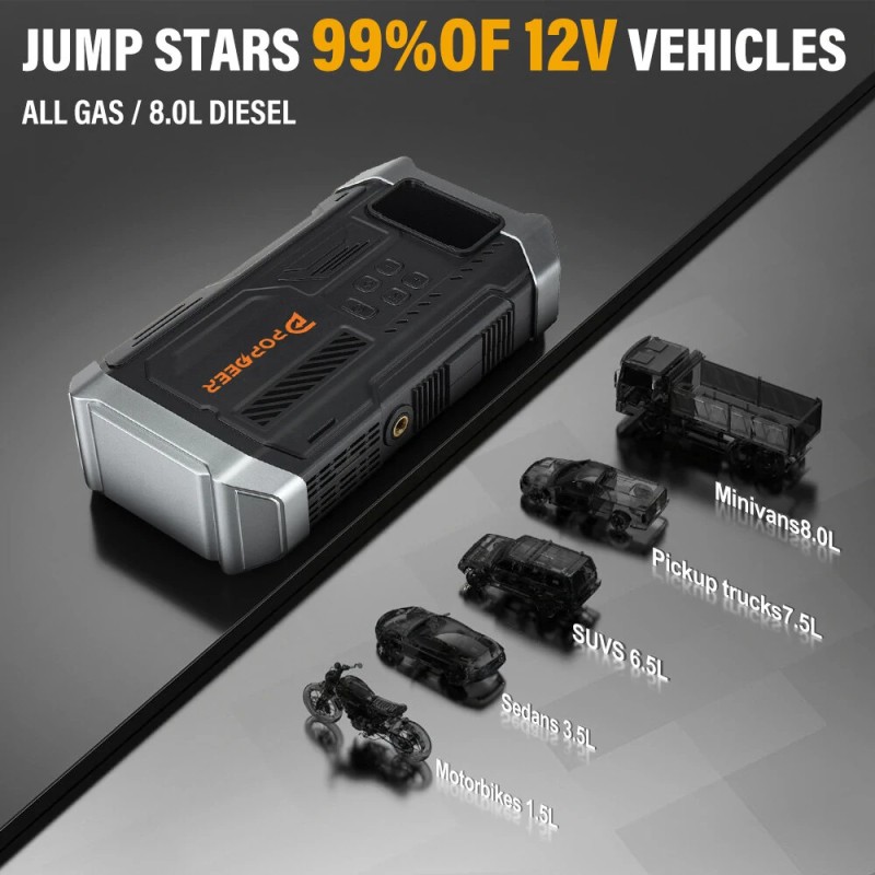 POPDEER PD-JA3 monitoiminen 5000A apukäynnistin ilmakompressorilla 150 psi maksimipaine