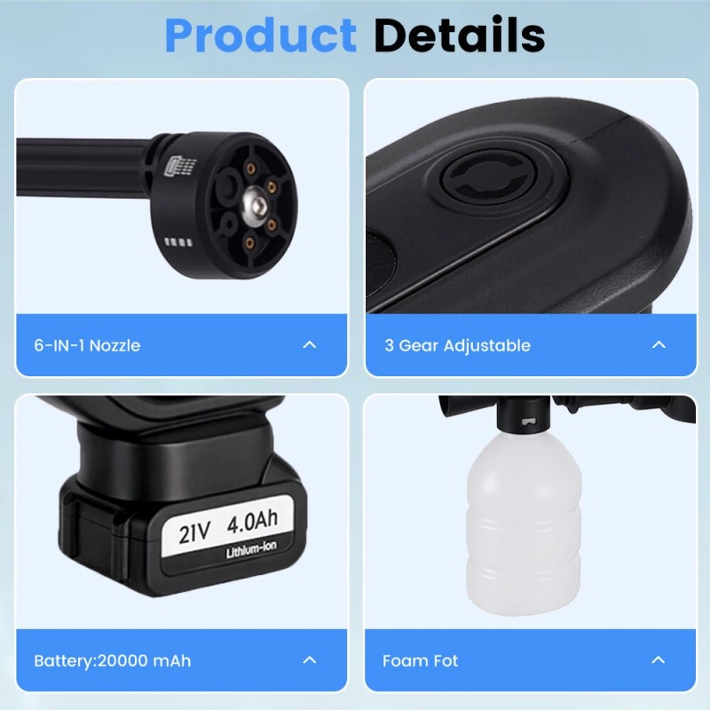 MUDIRO kannettava akkupainepesuri akulla 3500W 220bar harjaton moottori 6-toiminen suutin