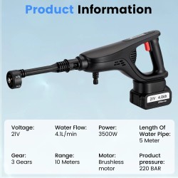 MUDIRO kannettava akkupainepesuri akulla 3500W 220bar harjaton moottori 6-toiminen suutin