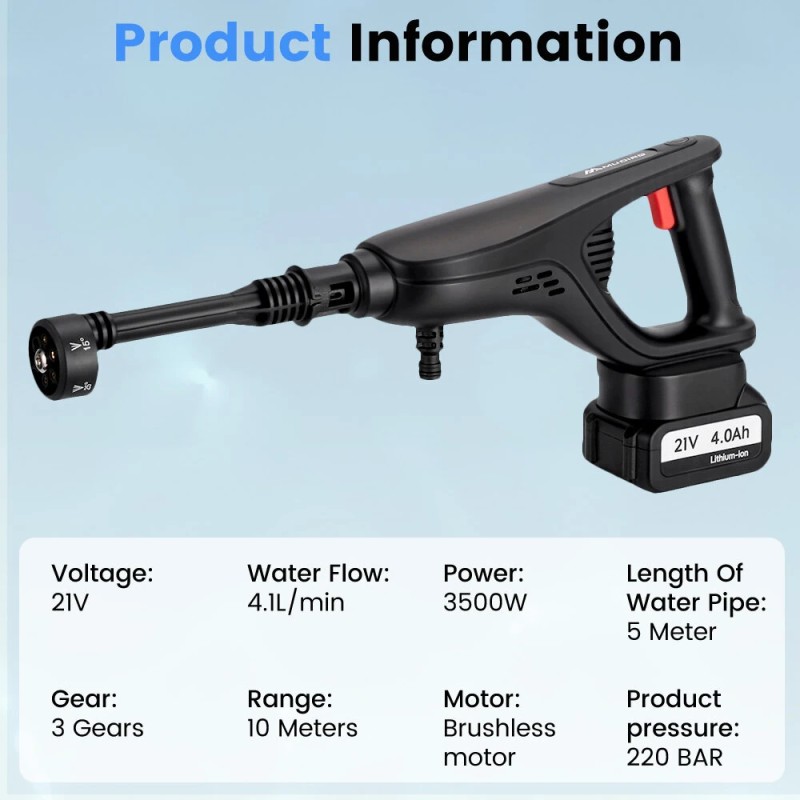 MUDIRO kannettava akkupainepesuri akulla 3500W 220bar harjaton moottori 6-toiminen suutin
