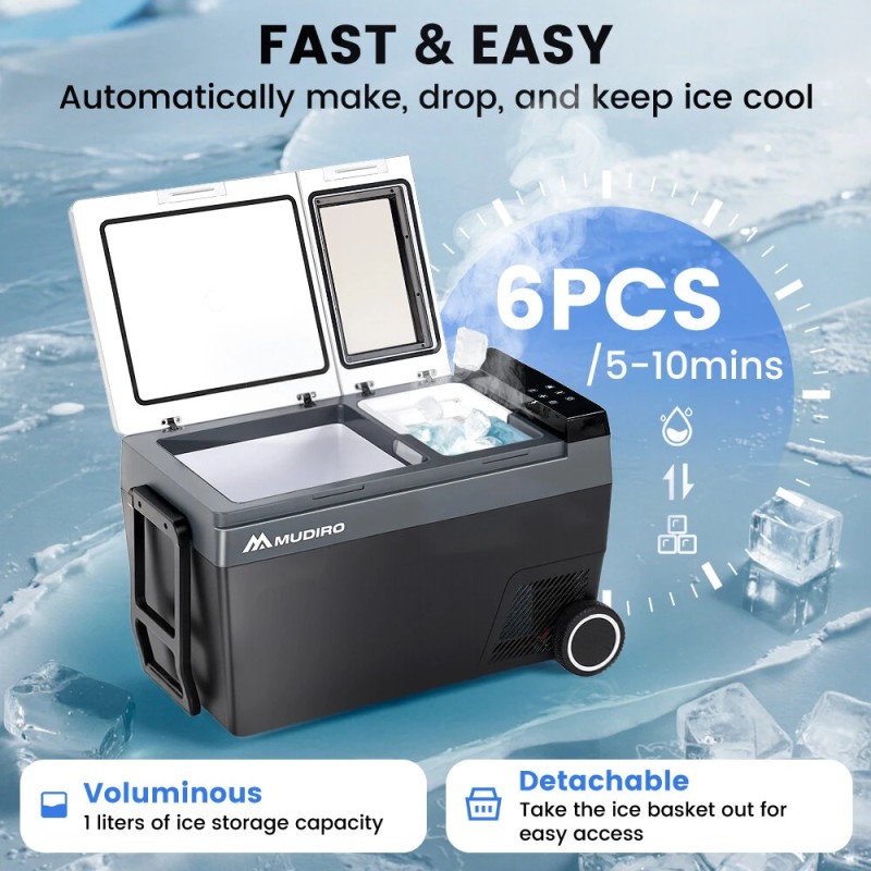 MUDIRO 45L kannettava autojääkaappi jäänvalmistajalla nopea jäähdytys LED-valaistus energiatehokas