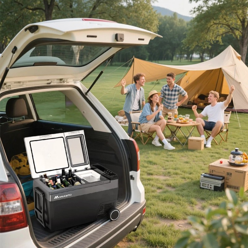 MUDIRO 45L kannettava autojääkaappi jäänvalmistajalla nopea jäähdytys LED-valaistus energiatehokas