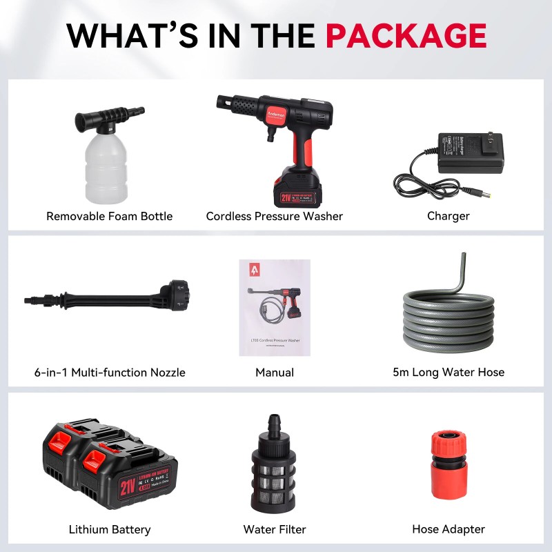 Andeman langaton painepesuri 75 bar harjaton moottori 4 paineasetusta lcd-näyttö 2x4,0Ah akku