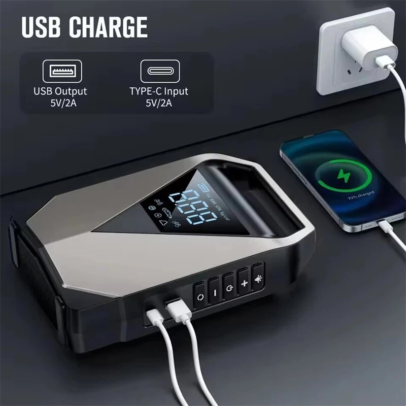 Kannettava 3000A/4500A autokäynnistin ja ilmakompressori 150PSI renkaiden täyttö USB-C-tulo varavirtalähde LED-hätävalo