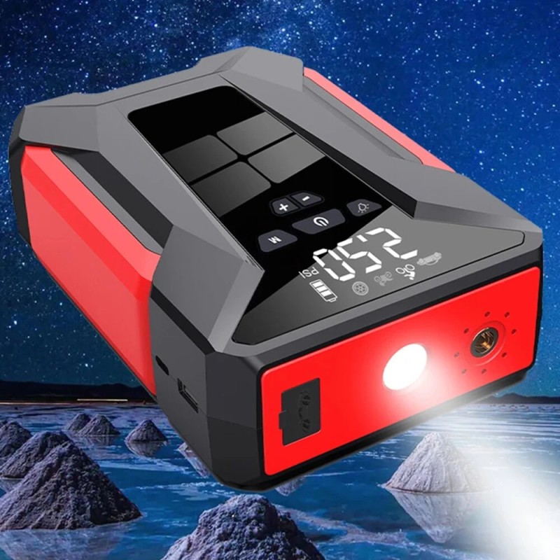 Nelitoiminen 12-volttinen autohätäkäynnistin 38000mAh digitaalinäytöllä rengaspainetestillä ja taskulampulla