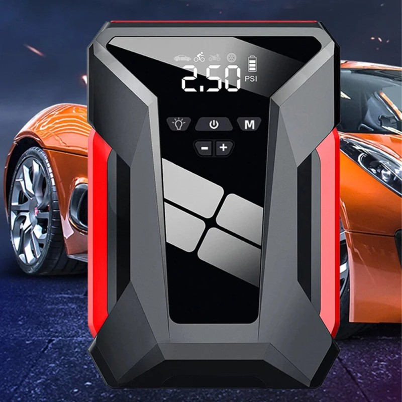 Nelitoiminen 12-volttinen autohätäkäynnistin 38000mAh digitaalinäytöllä rengaspainetestillä ja taskulampulla