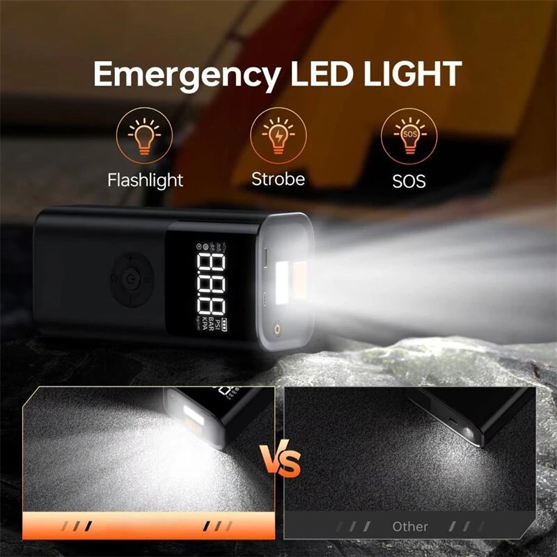 Kannettava auton käynnistin ja ilmakompressori varavirtalähde 12 V tukee 8,0 l bensiiniä renkaiden täyttö taskulamppu