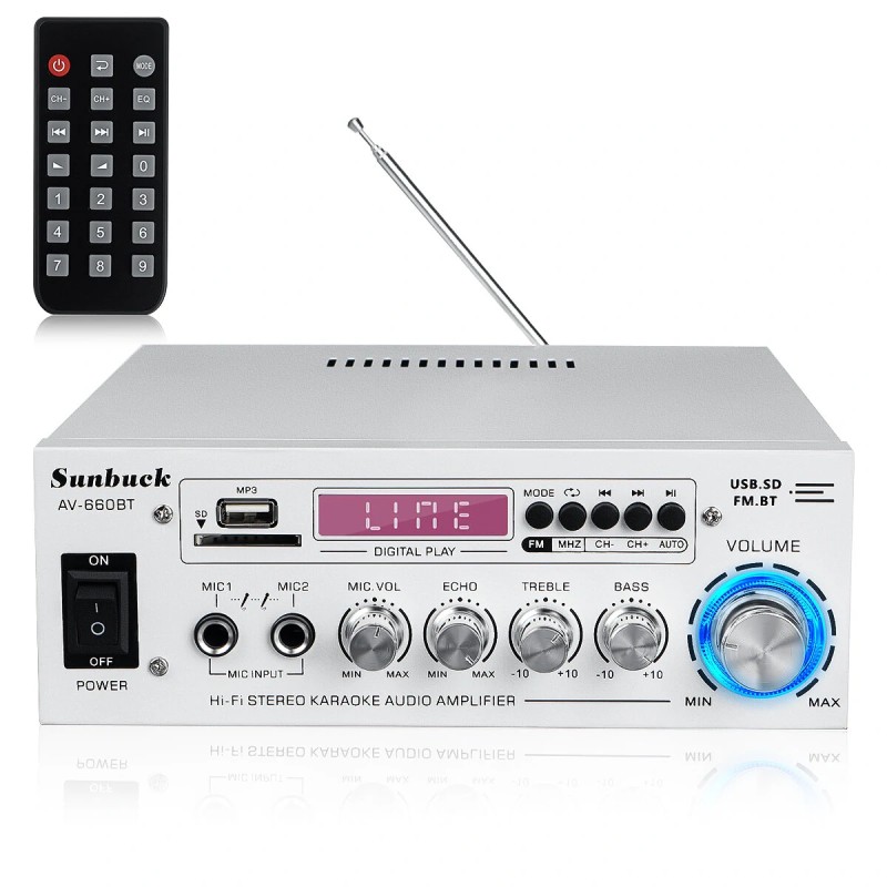 Sunbuck AV-660BT 2000W bluetooth 5.0 audiovahvistin taajuuskorjain stereo autoon kotiin aux usb fm-radio