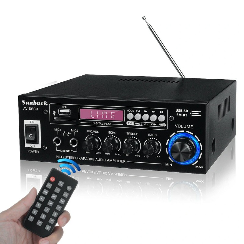 Sunbuck AV-660BT 2000W bluetooth 5.0 audiovahvistin taajuuskorjain stereo autoon kotiin aux usb fm-radio